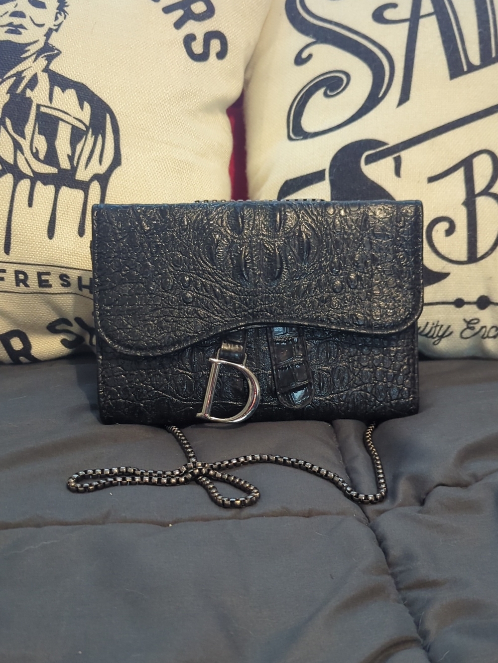 Dior Style Black‎ Croc-Embossed Chain Crossbody Bag